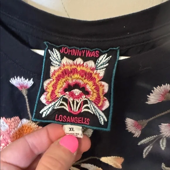 Johnny Was Black Top with Pink Floral Embroidery - Picture 3 of 5